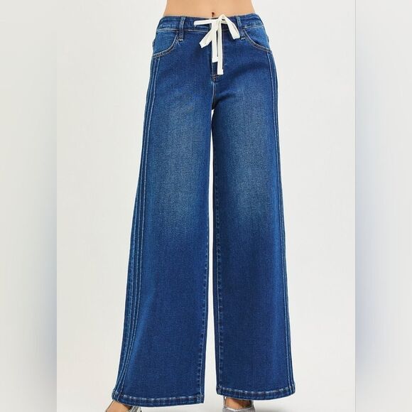 RISEN Mid Rise Wide Side Pintuck Denim Jeans Flat Front Drawstring  Size 7 - Picture 5 of 7